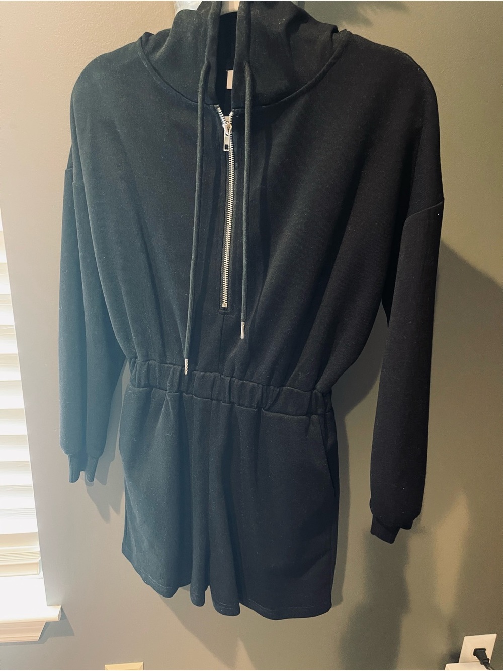 Pink Lily Black Hooded Half-Zip Drawstring Waist Romper